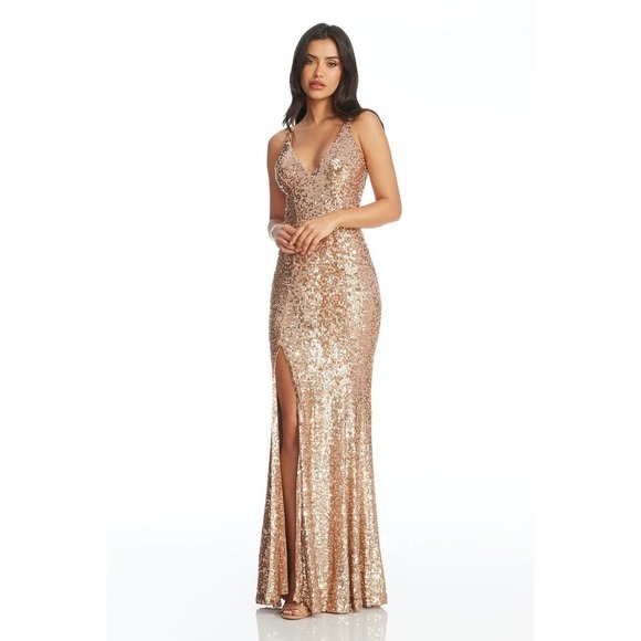 DRESS THE POPULATION Women's Iris Gold Multi Gown Size L NWT - Picture 1 of 12
